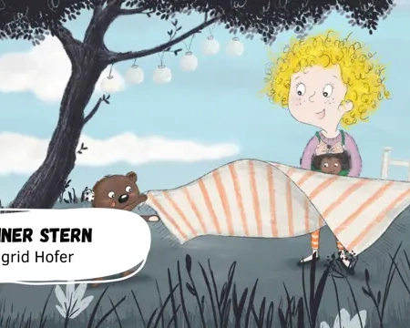 Mädchen mit Bären unter einem Baum.