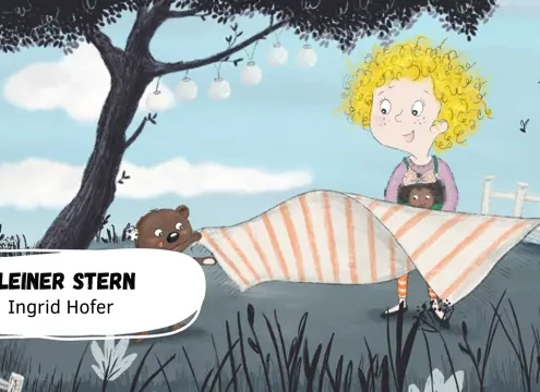 Mädchen mit Bären unter einem Baum.