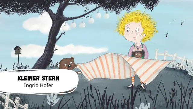 Mädchen mit Bären unter einem Baum.