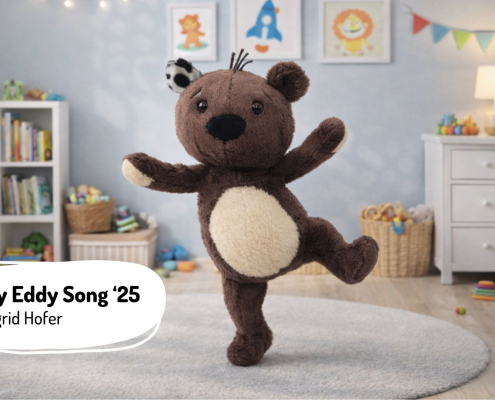 Teddy tanzt in einem bunten Raum.