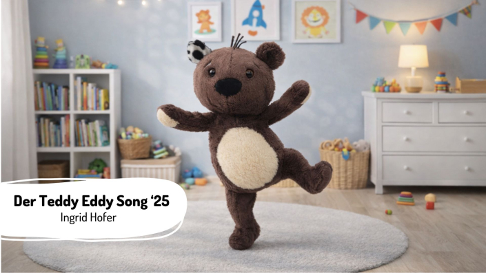 Teddy tanzt in einem bunten Raum.